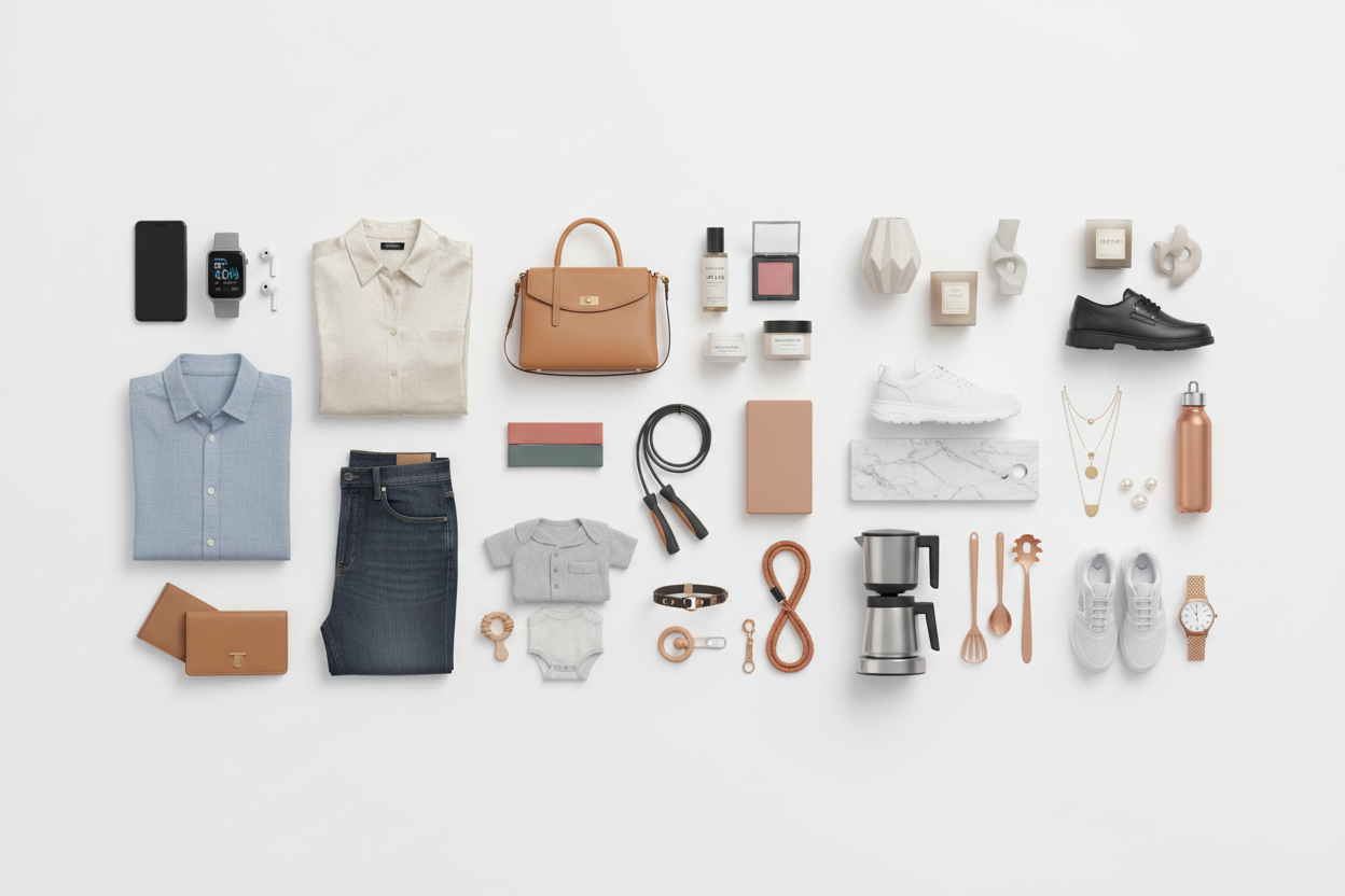 Prompt:
A modern, high-end hero banner showing a curated selection of products for both men and women across multiple categories: electronics (smartphone, smartwatch, earbuds), fashion (men’s and women’s clothing), beauty and skincare items, handbags and wallets, shoes, home décor pieces, kitchen accessories, health & wellness tools, baby products, pet accessories, sports gear, and trendy jewelry. Arrange the items in a clean, aesthetic flat-lay or minimal 3D product scene. Use a pure white background with 